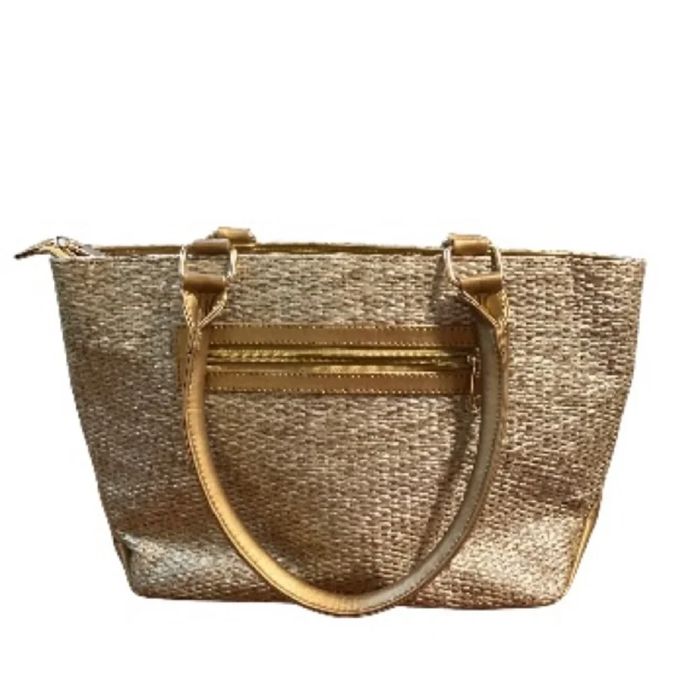 Asian Indian Bright Shiny Embellished Faux Leather Gold Handbag 15 x 9 x 4.5 in